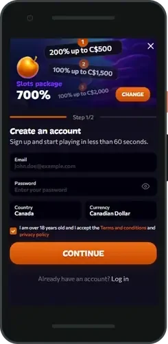 Création de compte Aphrodite sur mobile